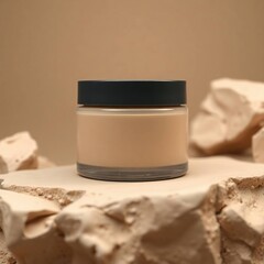 Cream jar on beige rocks.