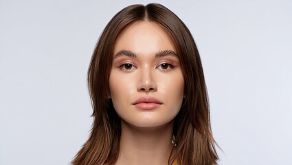Naklejka premium Primer Plano Detallado y Frontal de una Joven con Piel Radiante y Ojos Castaños, Mirada Directa y Sereno Rostro, Representando Belleza Natural y Salud de la Piel en Fondo de Estudio Claro
