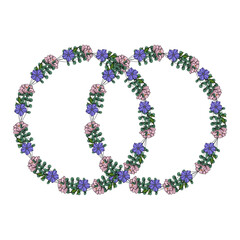 Elegant vector illustration of two intertwined floral wreaths featuring delicate pink and purple blossoms, interspersed with eucalyptus leaves, creating a romantic and sophisticated design perfect...