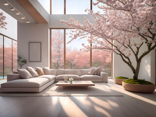 Modern living room in light pink tones with sakura tree
