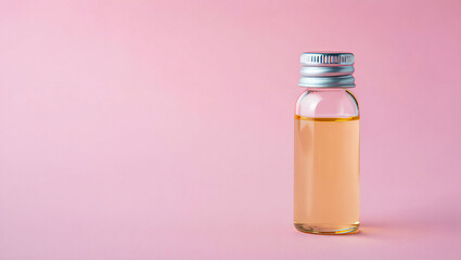 Small glass bottle with liquid on pink background in studio shot
