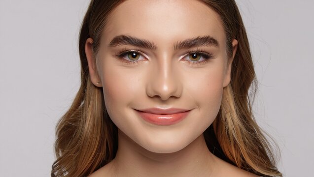 Retrato de Estudio de Cerca de una Mujer Joven Feliz con Tez Saludable y Ojos Avellana, Perfecta para Contenido de Cuidado de la Piel, Bienestar y Promoci&oacute;n de un Estilo de Vida Positivo