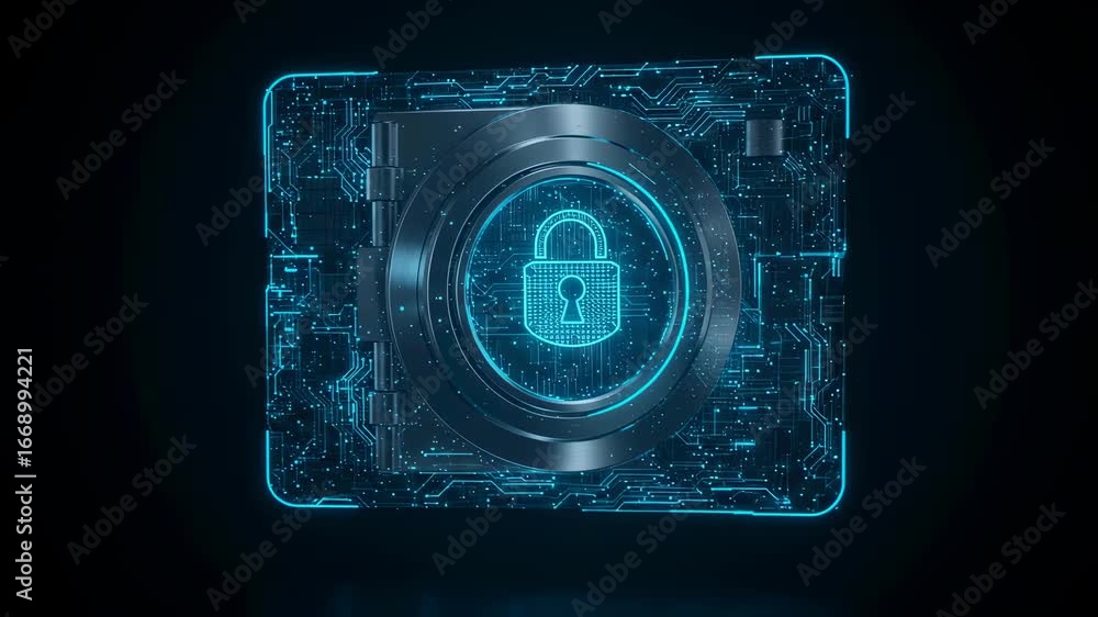 Poster digital blue safe with circuit board patterns and glowing cyber lock for data protection and network