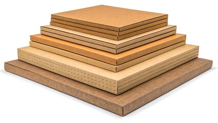 Stacked cardboard sheets in various sizes and thicknesses on white background