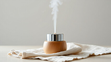 Aroma diffuser with steam on a wooden table isolated on white background