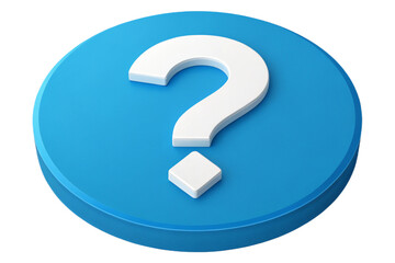 A 3d rendering of a white question mark symbol on a blue circular button, representing uncertainty, doubt, and the search for answers, isolated on transparent background