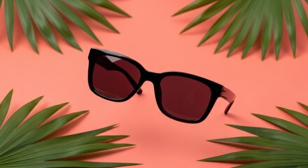 Stylish black sunglasses with dark red lenses float in the center, framed by vibrant green palm leaves