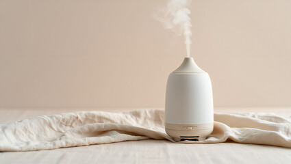 Aroma diffuser emitting mist on a table with a cloth in a studio setting