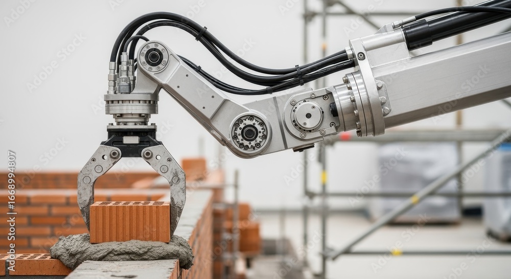 Poster side view of a mechanical arm gripping and setting bricks on mortar highlighting technology in robot