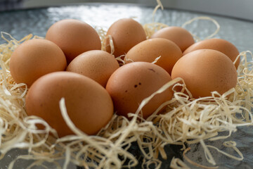 Fresh brown eggs nestled in straw on a glass table near a window during daylight