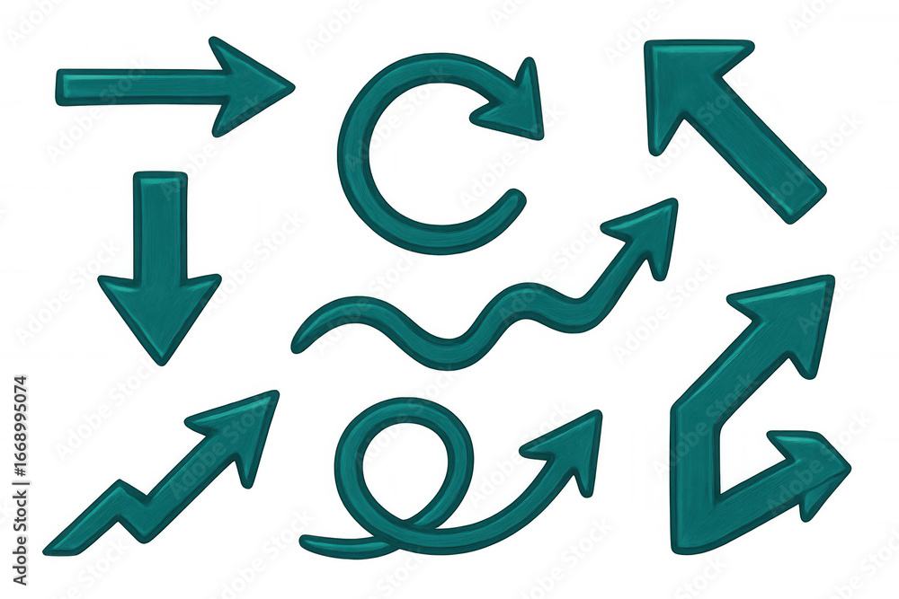 Poster green glossy arrows pointing in different directions, showcasing movement against transparent backgr