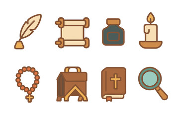 Bible Study Tools. Flat vector mini-illustrations bible tools in colors children's illustrations: quill pen, scroll, ink bottle,