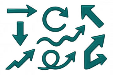 Green glossy arrows pointing in different directions, showcasing movement against transparent background, perfect for design and presentation graphics