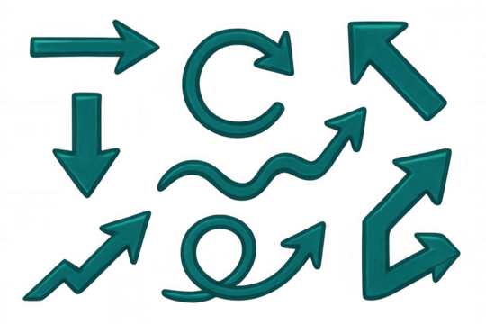 Green glossy arrows pointing in different directions, showcasing movement against transparent background, perfect for design and presentation graphics