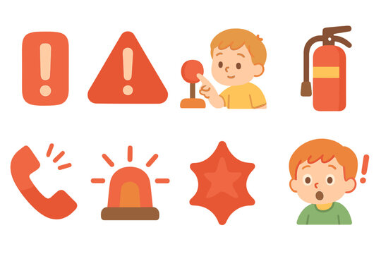 Children's Alert Icons. Flat vector mini-illustrations red alert icons in colors children's illustrations: exclamation mark in red
