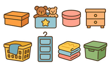 Children's Closet Storage Icons. Flat vector mini-illustrations closet storage boxes in colors children's illustrations: shoe box,