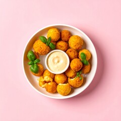 Golden Chicken Nuggets with Red Dipping Sauce on Pink Background