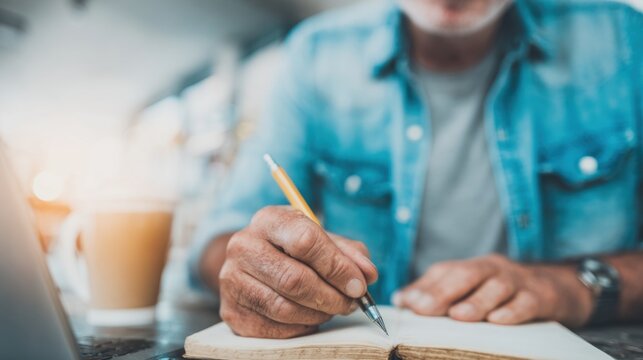 Senior man writing in a notebook at a table with coffee in a cafe