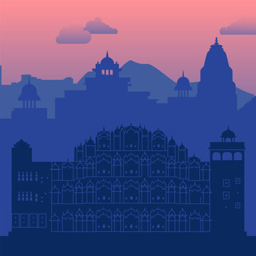 The magnificent silhouette of Jaipurs iconic architecture beautifully showcases at sunset