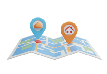 Isolated 3D rendering of a unfolded paper map with place markers for a home and a restaurant, showing urban planning and navigation concept with clear details and vibrant colors on a white background