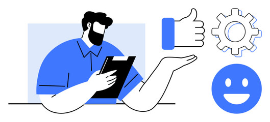 Man holding clipboard, hand raised towards thumbs up, gear, and happy. Ideal for teamwork, feedback, productivity, success, motivation customer satisfaction simple landing page