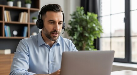 Fototapeta premium Online Communication: A focused individual wearing a headset engaging in a virtual conversation via laptop computer in office, creating a professional atmosphere for online engagement.