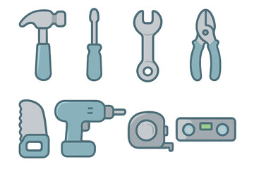 Fototapeta premium Children's Silver Tools. Flat vector mini-illustrations Silver tools in colors children's illustrations: silver hammer, silver