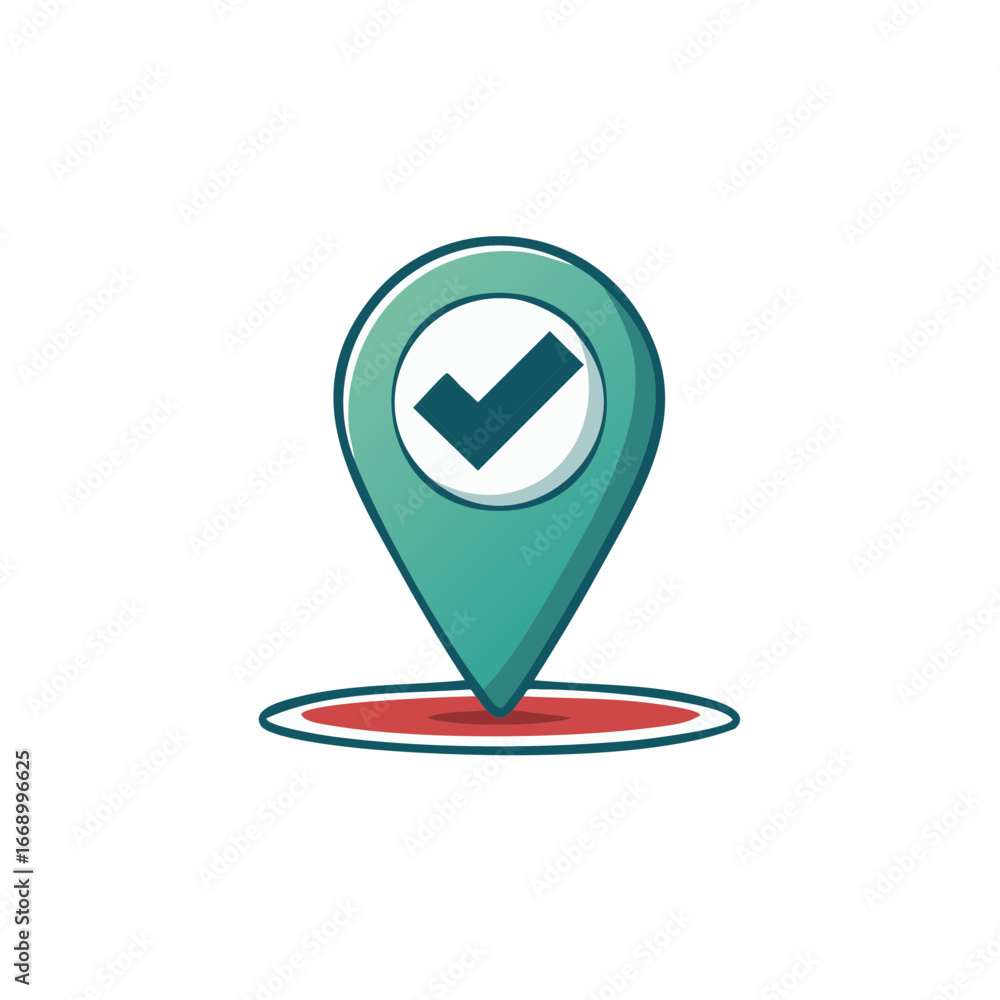 Poster location pin with checkmark icon for successful navigation or confirmed destination on a map