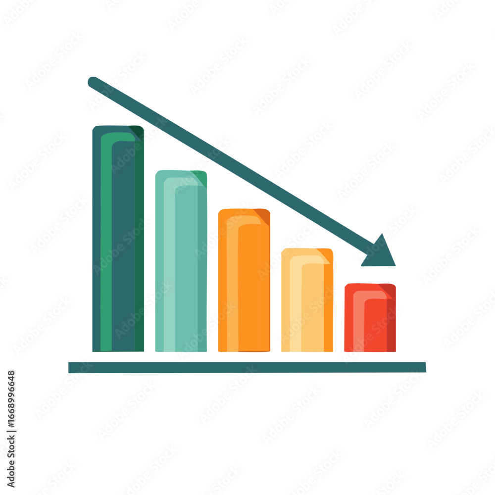 Poster declining graph with bar chart and down arrow, vector graphic