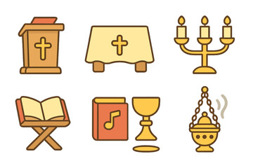 Church Items Collection. Flat vector mini-illustrations bible church items in colors children's illustrations: pulpit, altar cloth