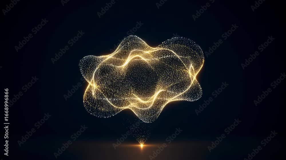 Poster glowing golden particle cloud evolving and dissipating on dark background. abstract digital data vis