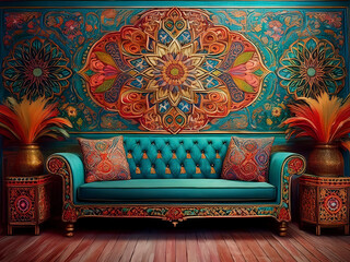 Arabic bright colorful authentic room. Owl on the background of the painted wall.