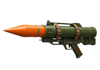Isolated Rendering of a Rocket Launcher Weapon System with Orange Projectile and Olive Green Body on a White Background