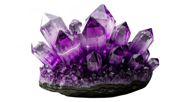 Purple amethyst cluster isolated on transparent background