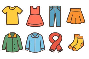 Colorful Children's Clothing Icons. Flat vector mini-illustrations clothing types in colors children's illustrations: t-shirt,