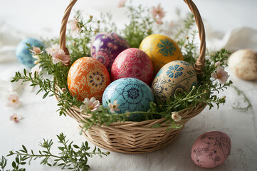 Vibrant decorated Easter eggs in a woven basket with delicate flowers decorated eggs painted eggs