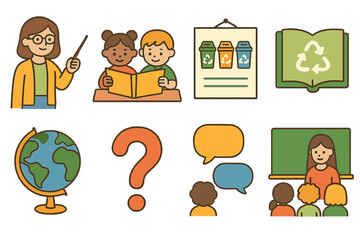Colorful Education Icons. Flat vector mini-illustrations sorting education in colors children's illustrations: teacher, kids