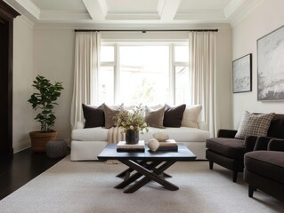 A light-filled living room boasts a cream-colored sofa, dark brown armchairs, and a wooden coffee table, creating a serene and inviting atmosphere.