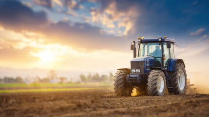 Tractor plowing field during sunset in rural landscape
