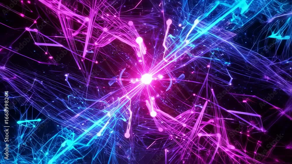 Poster abstract digital network expansion with bright central light source, glowing lines, and dynamic part