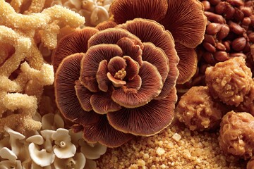 Fototapeta premium Close-up view of a cluster of brown mushrooms, delicate coral, and sweet treats, showcasing a rich mix of textures and colors.