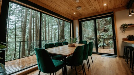 Naklejka premium Forest view dining area with modern furnishings.