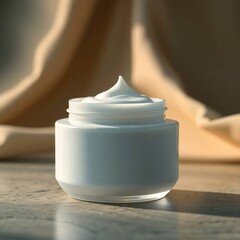 Cream jar with sunlight, and beige backdrop.