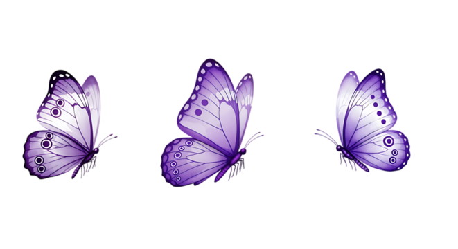 Three delicate purple butterflies with intricate wing patterns isolated On a transparent background