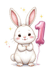 Obraz premium Adorable gray bunny holding a pink balloon with number 1. Cute cartoon illustration for kids’ birthdays, greeting cards, and party invites