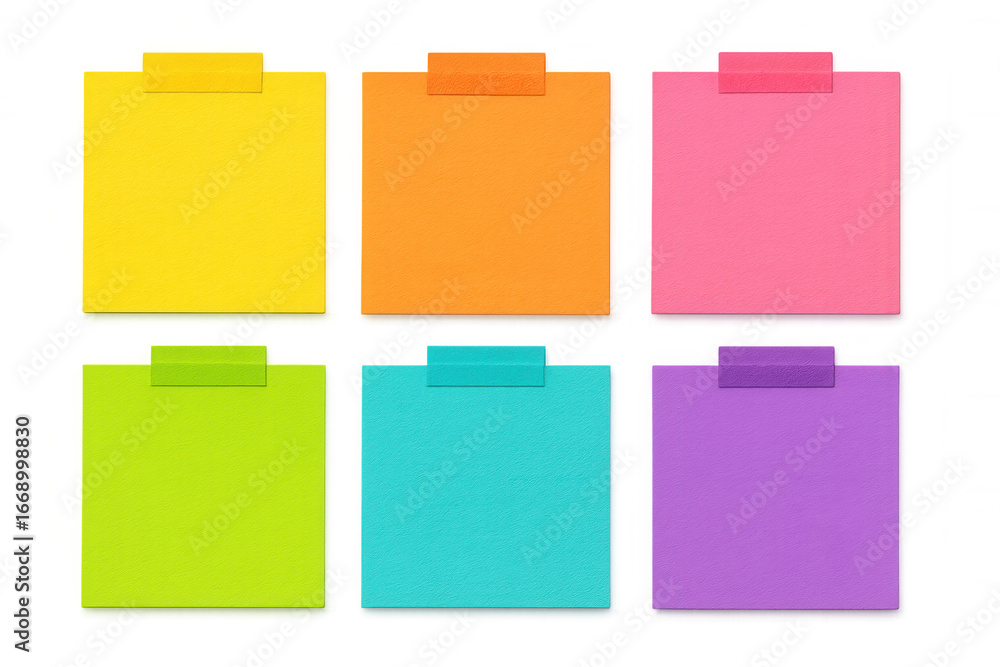Poster multicolored adhesive notes affixed with clear tape, displaying blank spaces for writing personal me