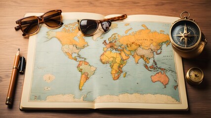 Vintage world map with travel accessories including sunglasses, compass and pen, symbolizing adventure and exploration
