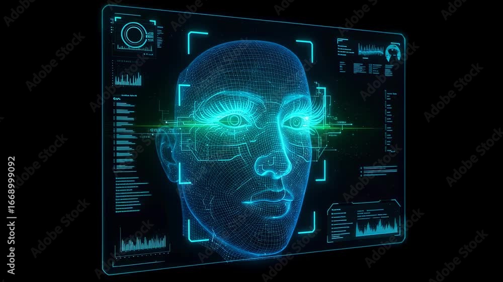 Poster digital security scan of a woman's face identity verification with biometric data and futuristic use