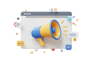 Isolated 3D Rendered Illustration of a Blue and Yellow Megaphone with Coding Elements on a White Background, Representing Digital Marketing and Online Communication Strategies