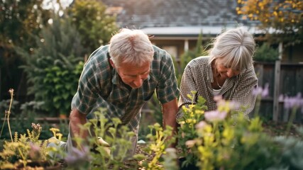 Elderly couple gardening together in backyard, happy retirement lifestyle and outdoor leisure activity - Powered by Adobe